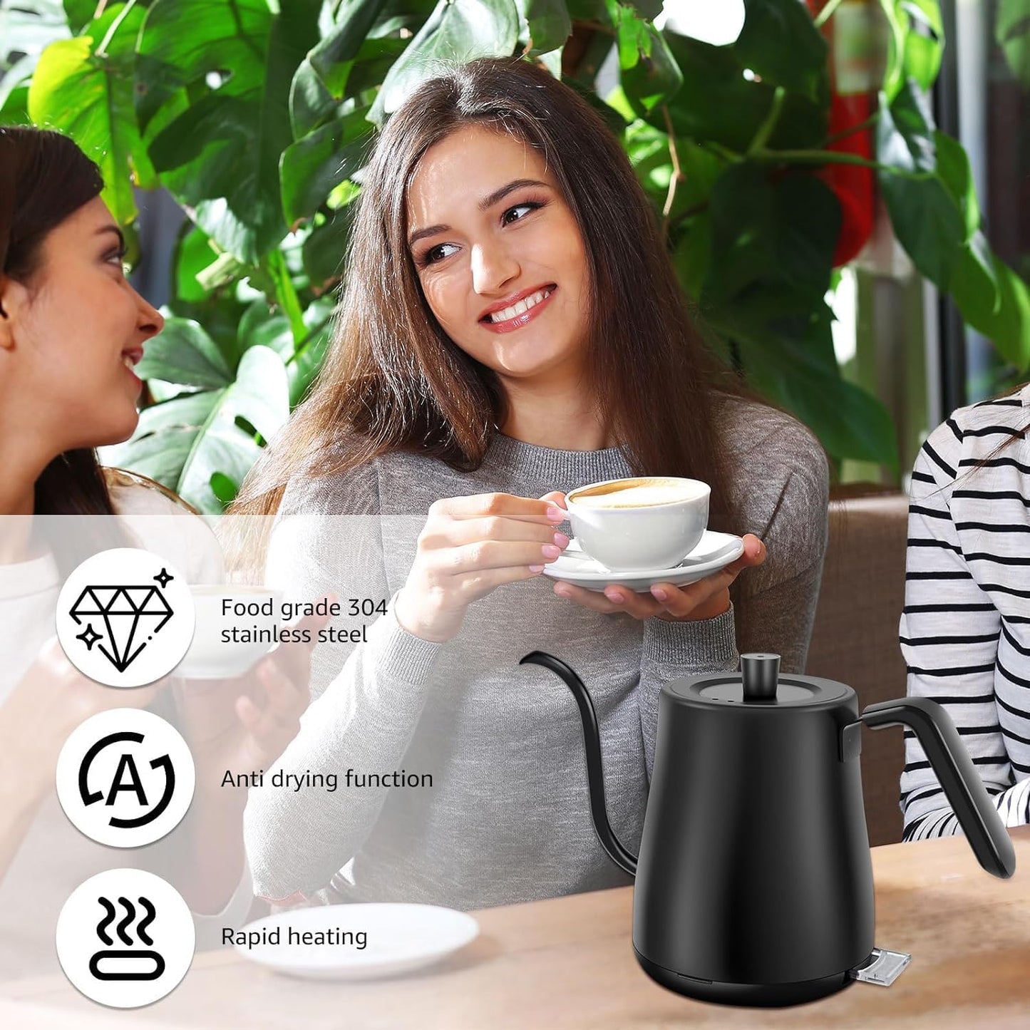 SKY-TOUCH 1000W Electric Kettle : 4Min Quick Heating Electric Gooseneck Kettles with Auto Shutoff Anti-dry Protection 100% Stainless Steel Inner & Lid for Pour-over Coffee & Tea Matt Black