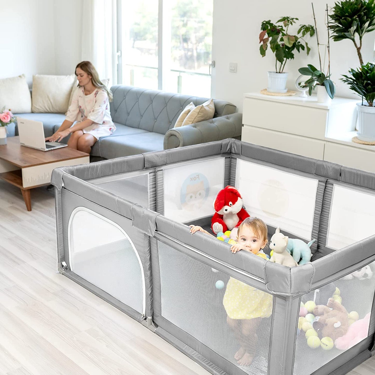 SKY-TOUCH Baby Playpen, Extra Large Playpen for Babies, Kids Safe Play Center for Babies with Breathable Mesh and Zipper Door£¬and Toddlers Gives Mommy a Break