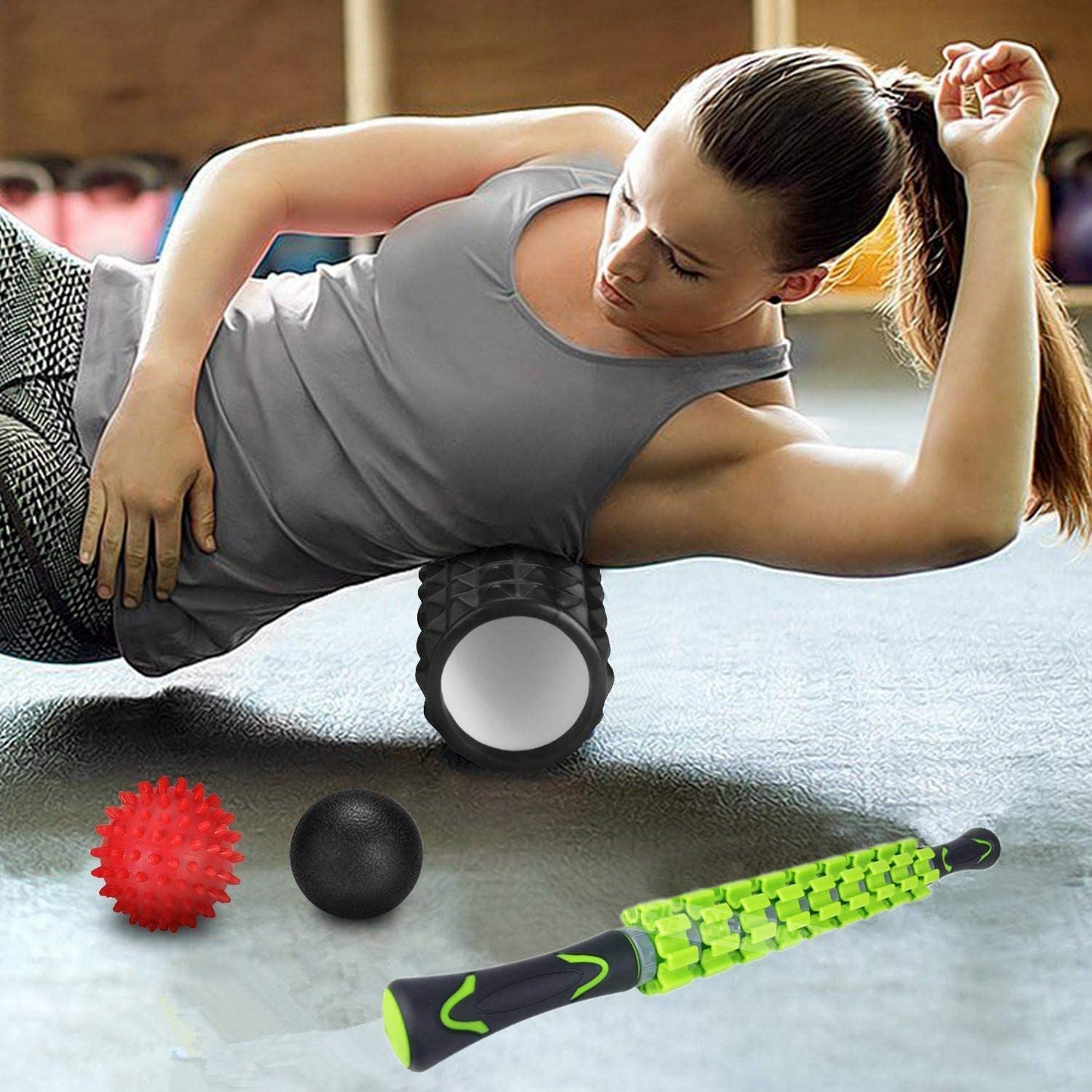 SKY-TOUCH 5 In 1 Fitness Foam Roller Set With Muscle Roller Stick And Massage Balls For Physical Therapy Pain Relief Myofascial Release Balance Exercise, Multicolour