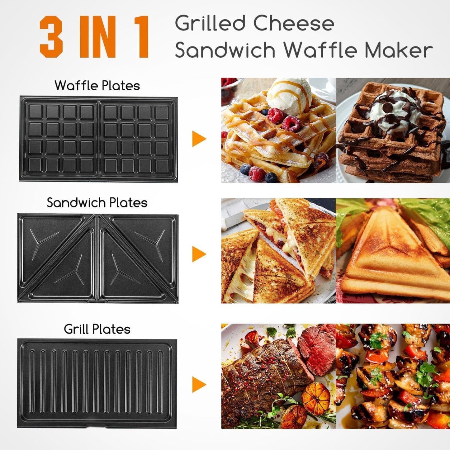 SKY-TOUCH 3 in 1Sandwich Maker: Portable Waffle Maker Toaster Electric Panini Press Grill Set with Removable Non-stick Plates Indicator Lights Easy Clean Heating Fast (Black 750W)