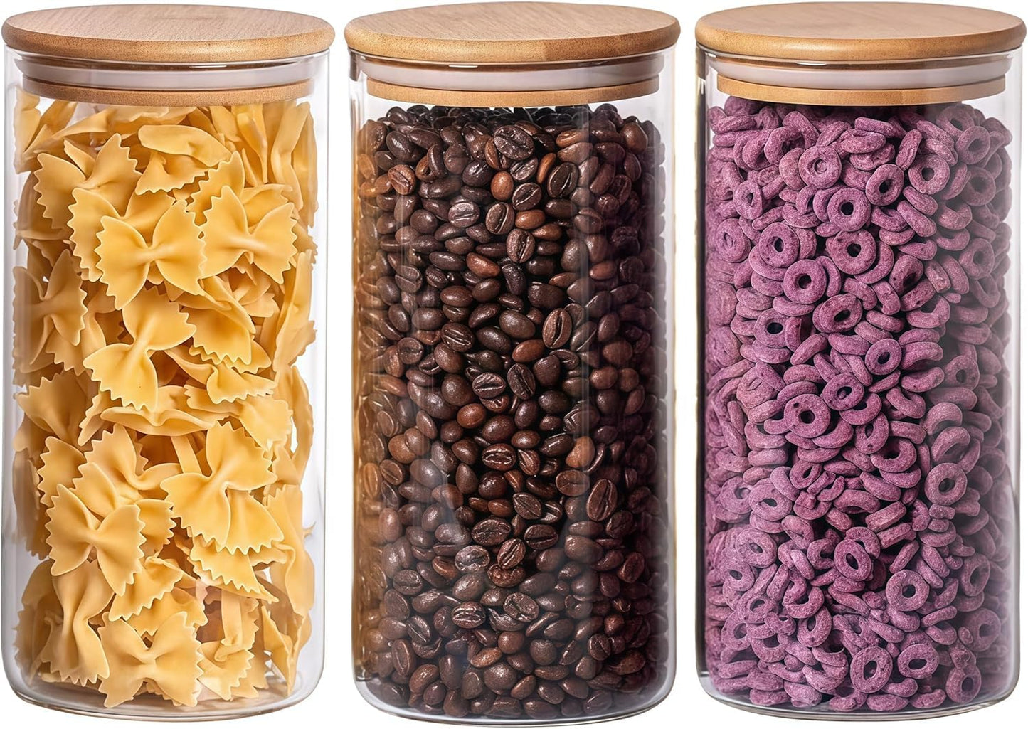 SKY-TOUCH 3 / 4 PACK Airtight Glass Jars with Bamboo Lids, Storage Jars with Labels, Airtight Food Containers, Clear Glass Bulk Food Canister for Food, Coffee, Spice, Sugar, Herb, Cookie, Tea
