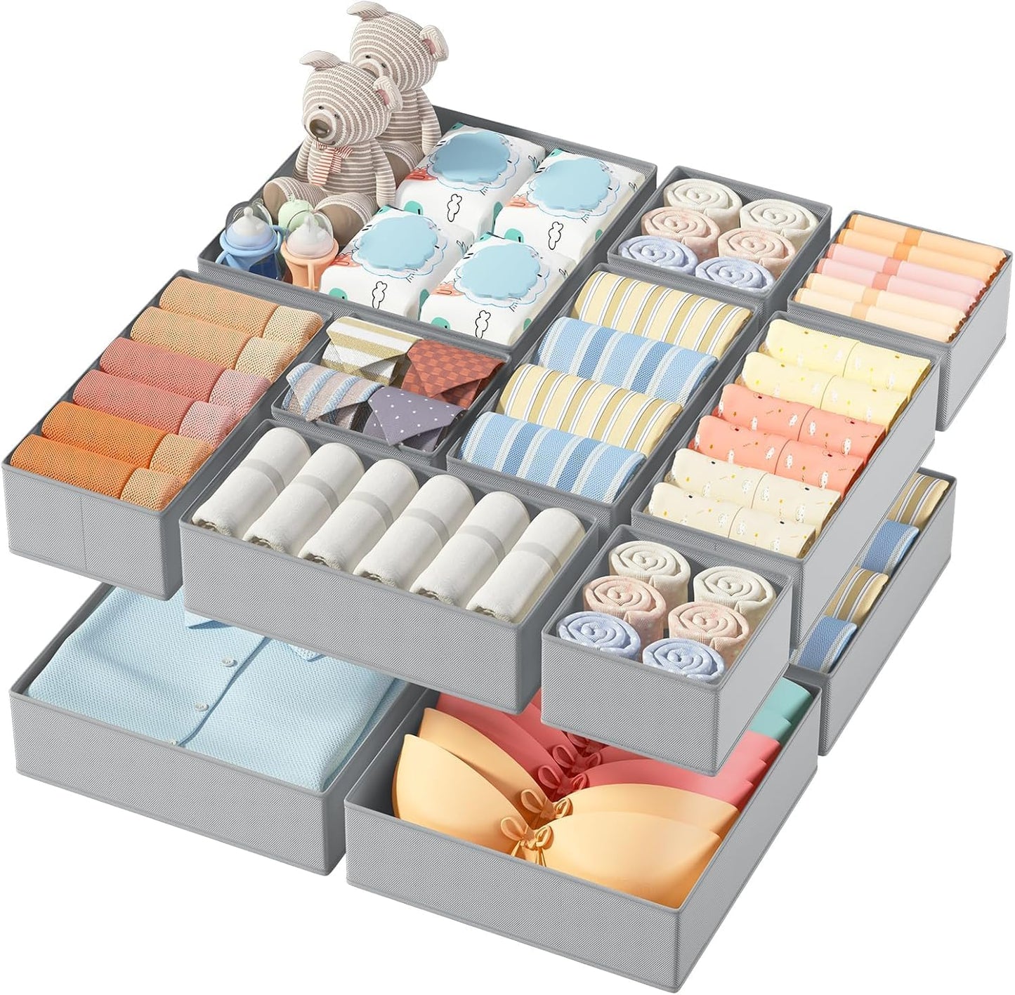 SKY-TOUCH 12 pack Underwear Drawer Organiser, Clothes Storage Organizer, Foldable Fabric Closet Storage Organizer for Baby Clothing, Dresser, Sock, Bra, Towels, Grey
