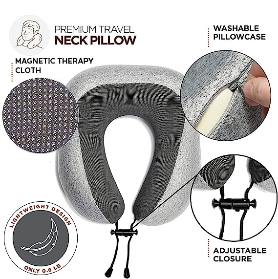 Travel Pillow Set, 100% Pure Memory Foam Neck Pillow, U Shape Head Pillow Airplane Travel Kit with 3D Contoured Eye Masks, Earplugs and Storage Bag (Grey)