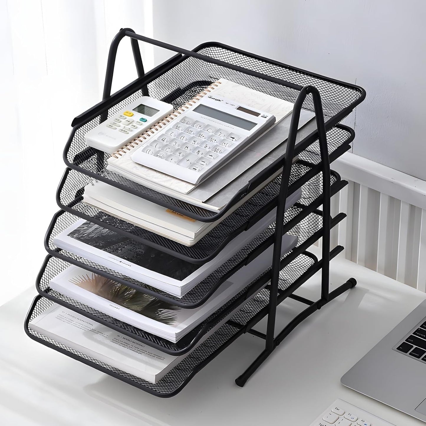 Roll over image to zoom in SKY-TOUCH 5 Tier Paper Tray : Desktop Organizer File Storage with Sliding Tray Stackable File Rack Metal Mesh Letter Trays for Office Study Room School Desktop