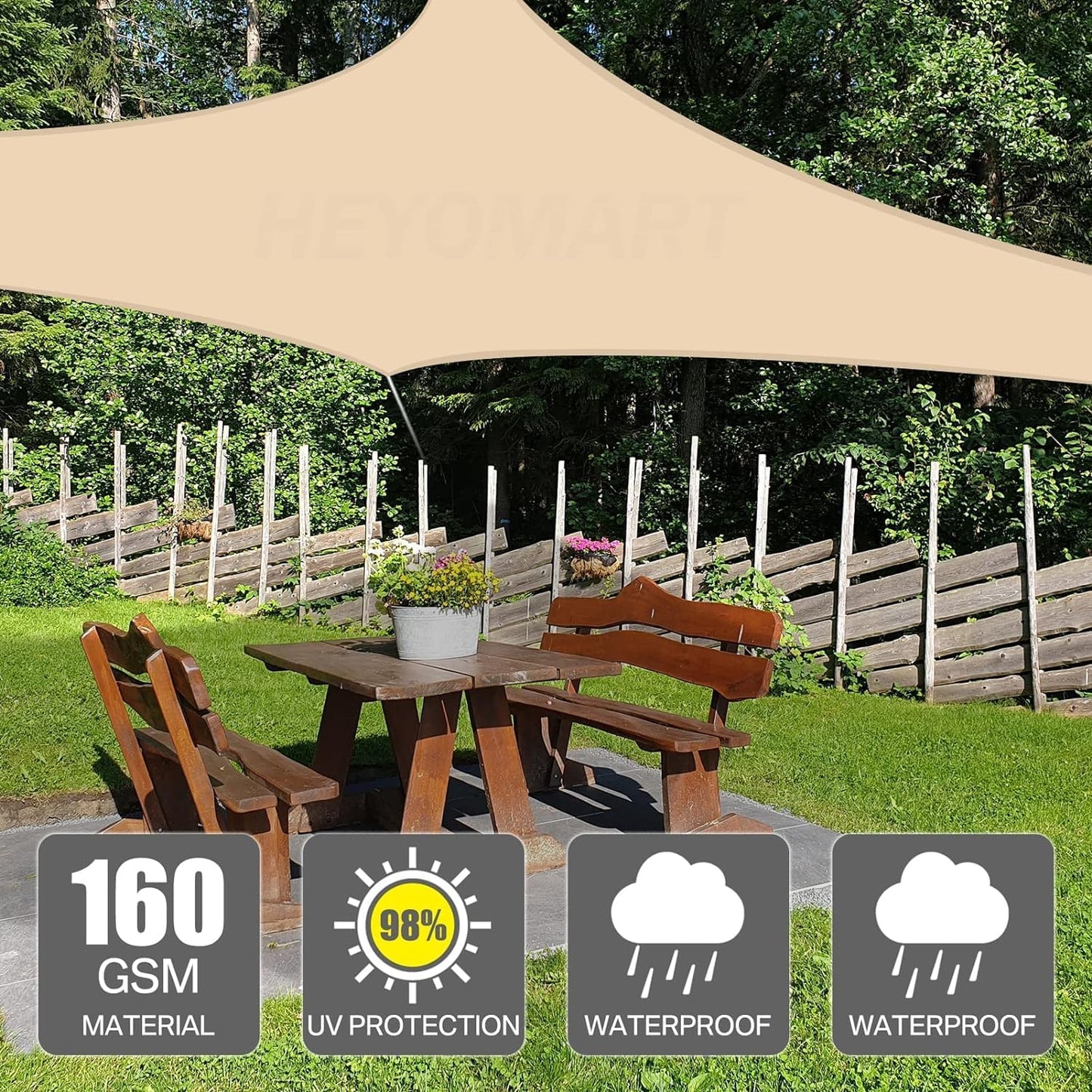 SKY-TOUCH Sun Shade Sail Canopy 3x5m Rectangle, UV Blocking, for Patio, Garden, Pergola, Backyard - Sand, Includes 4 Strong PE Draw Ropes (1.6m) & 4 Spring Hooks