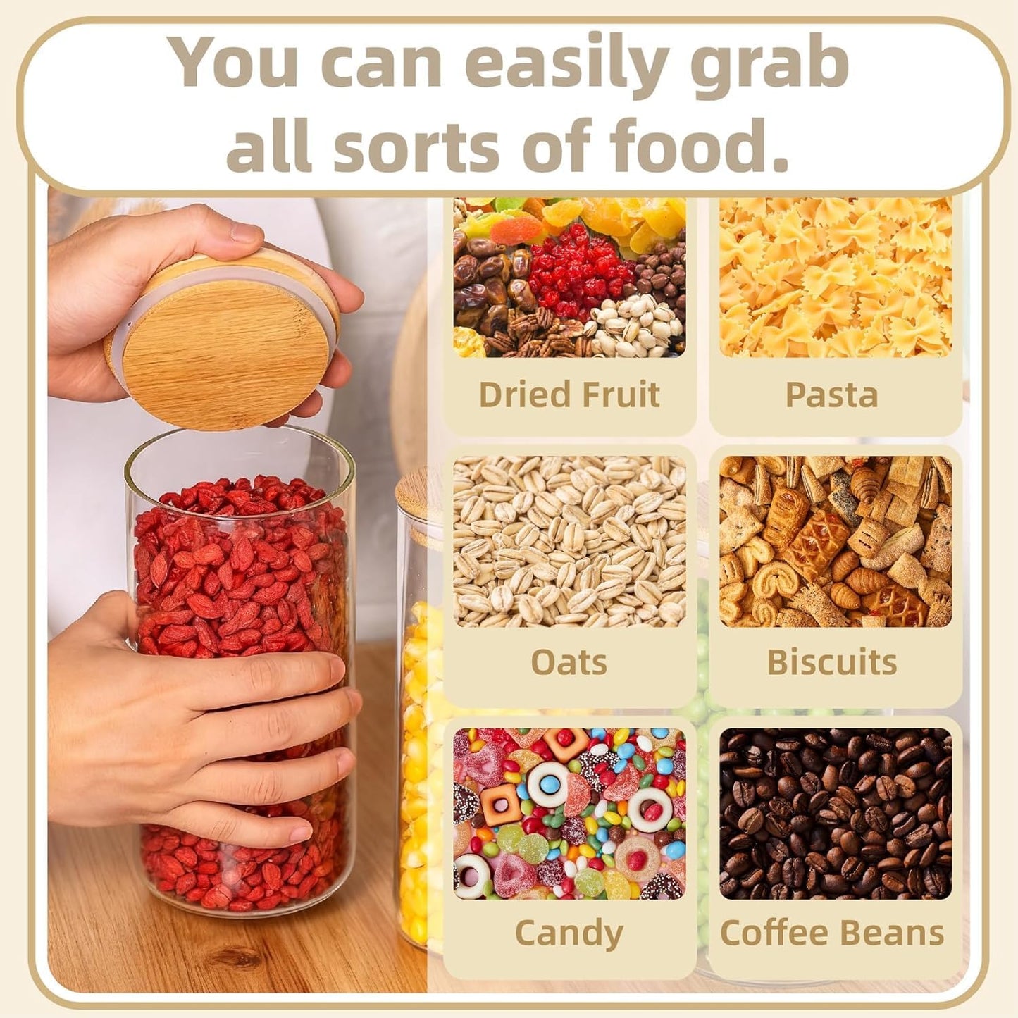 SKY-TOUCH 3 / 4 PACK Airtight Glass Jars with Bamboo Lids, Storage Jars with Labels, Airtight Food Containers, Clear Glass Bulk Food Canister for Food, Coffee, Spice, Sugar, Herb, Cookie, Tea