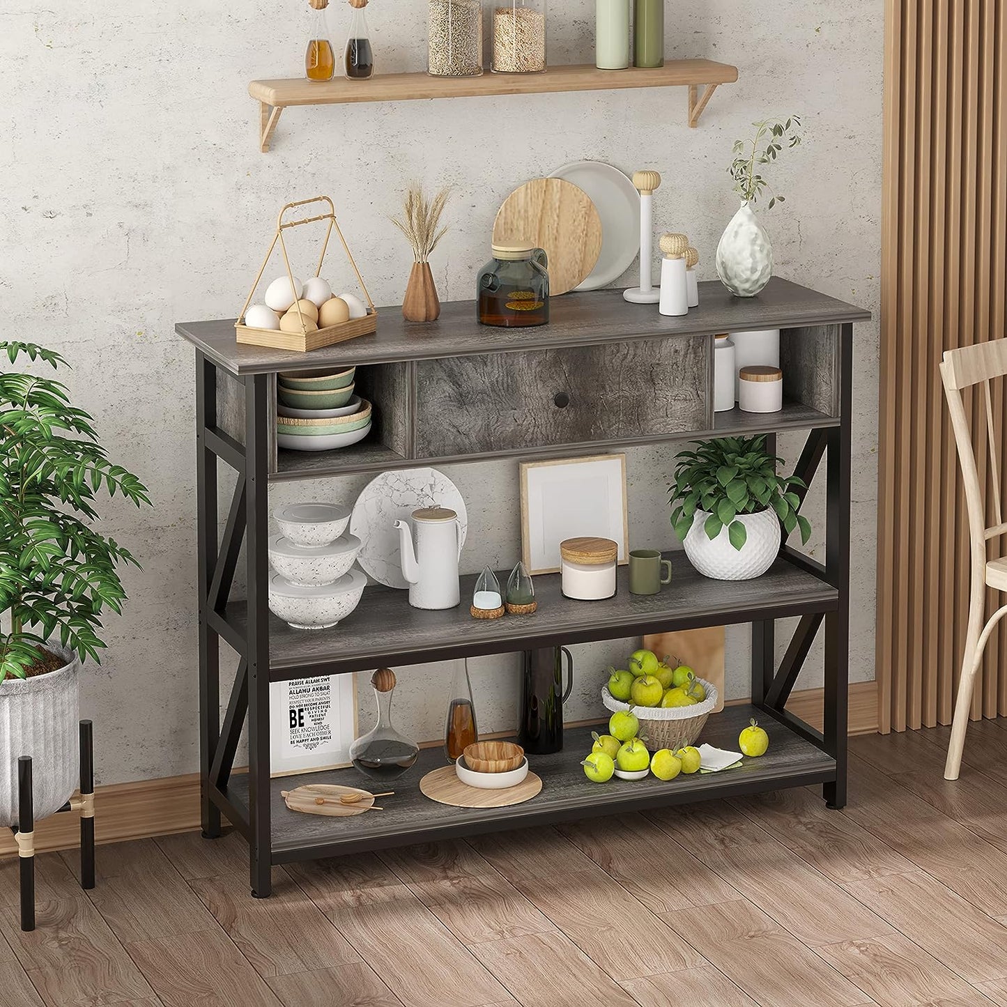 SKY-TOUCH Console Table with drawer, Industrial Wooden 3-layer Shelf for Living Room, Couch, Foyer, Kitchen Counter, 39 Inch Grey Oak 100¡Á30¡Á79cm