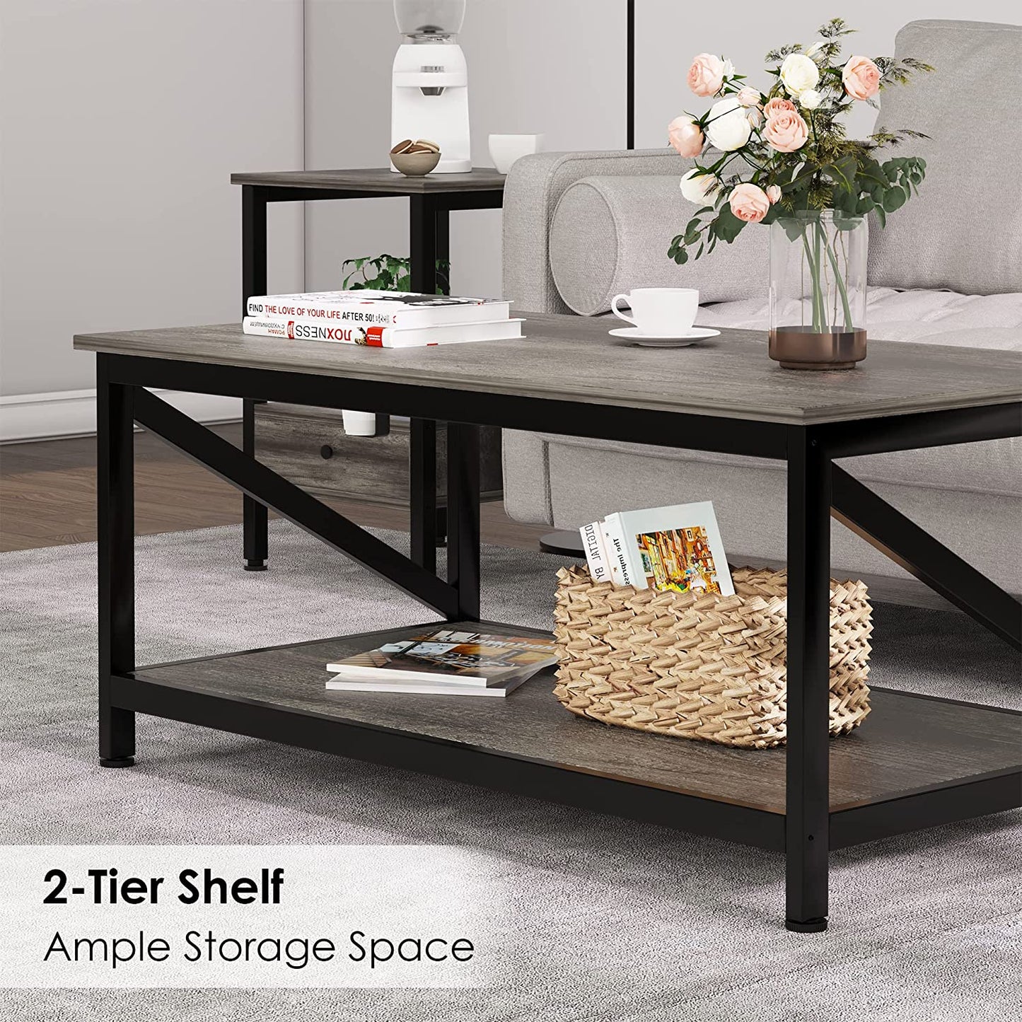 SKY-TOUCH Coffee Table with Storage Shelf,Modern Central Table with 2 Tier Shelves,Black Metal Table Legs, Wooden Tabletop and Metal Frame,Industrial Wooden Coffee Table,100 * 55cm