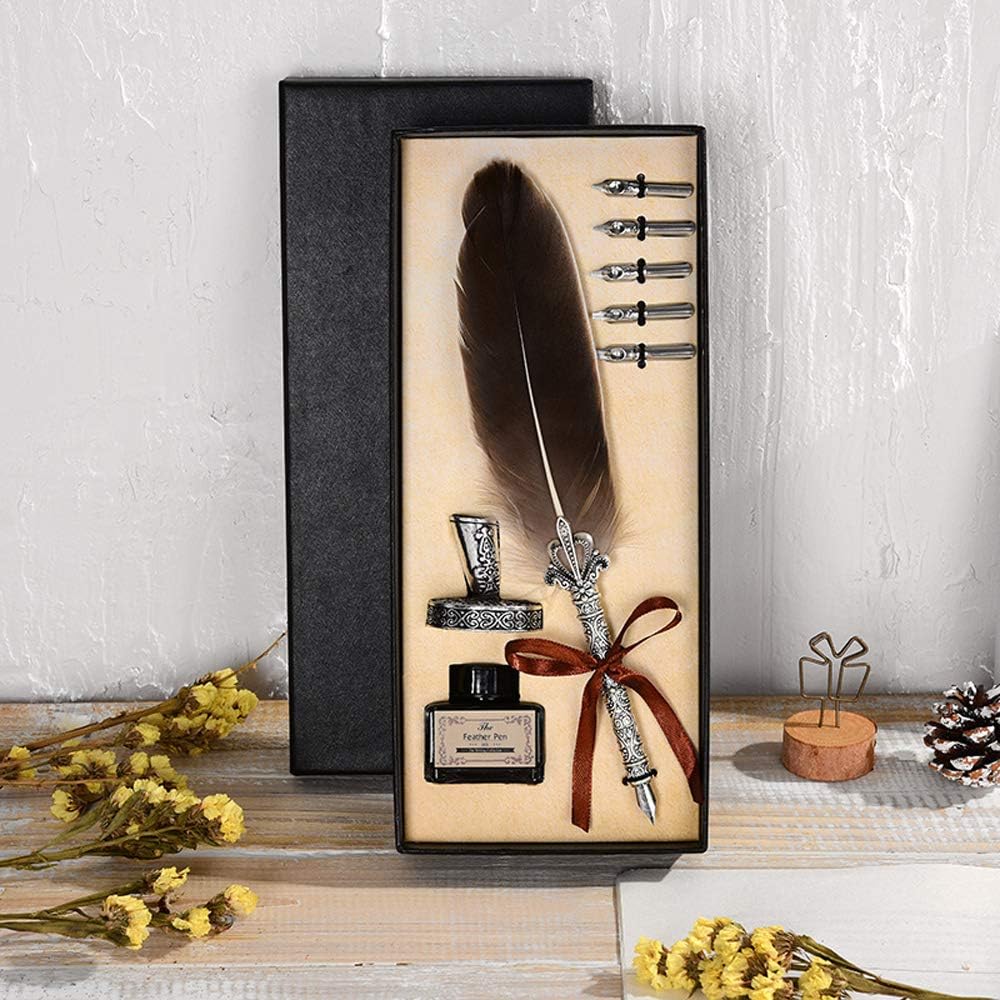 Vintage Feather Quill Dip Pen Writing Ink Set Perfect for Signning Handwriting School Office Stationery Gift Excellent Wedding Souvenir