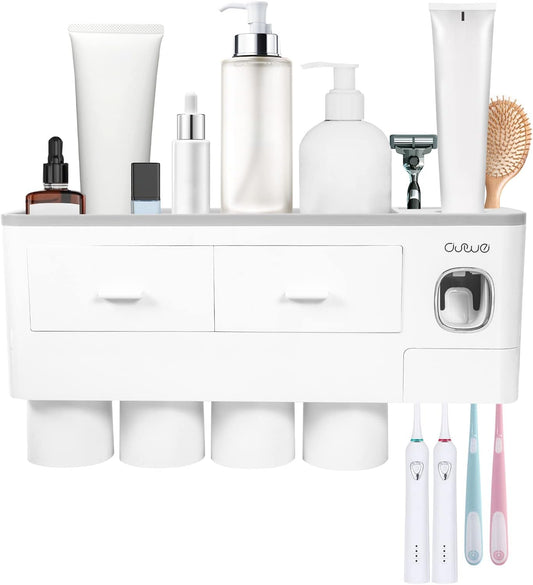 SKY-TOUCH Wall-Mounted Toothbrush Holder, 4-Cup Multifunctional Organizer with Drawer for Bathroom, Space-Saving Toothbrush and Toothpaste Holder, White & Grey, 37x10x20cm