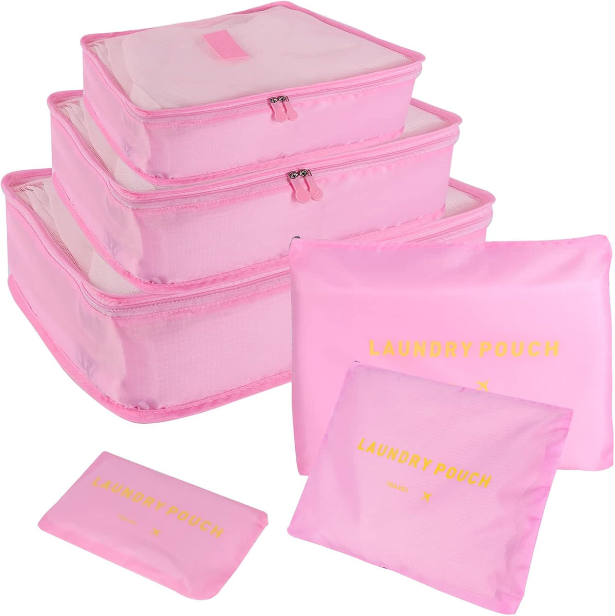 SKY-TOUCH 6-Piece Travel Luggage Organizer Set, Waterproof Packing Cubes and Laundry Bags, Travel Accessories,Pink