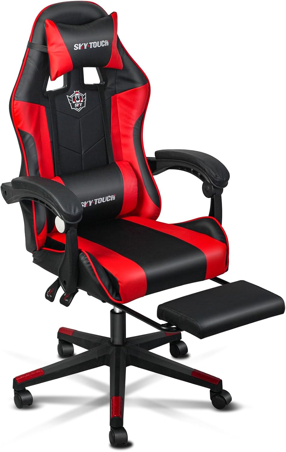 SKY-TOUCH Reclining Ergonomic Gaming Chair with Footrest, High Back PU Leather, Neck Pillow& Lumbar Support, Racing Chair for Gaming, Home, Office, Red - 60x53x120cm (Adjustable Height)