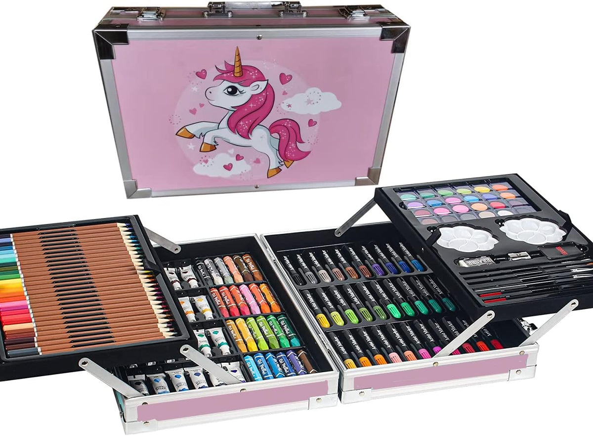 HJB VISSO Art Set 145pcs, Drawing Supplies With Portable Aluminum Case, Great Gift for Kids, Teens, Boys, Girls, Beginner and Artists (Unicorn-Pink)