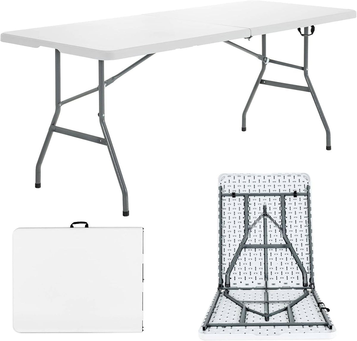 SKY-TOUCH Lightweight Folding Trestle Table, 150x70x75cm, Heavy-Duty Plastic Picnic and Camping Table with Carry Handle, Foldable for BBQ and Outdoor Parties, White
