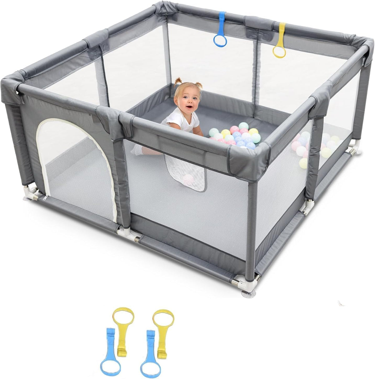 SKY-TOUCH Baby Playpen, 200x200cm Extra Large Playard for Babies and Toddlers, Sturdy Anti-Fall Activity Center with Breathable Mesh and Zipper Door, Anti-Slip Suction Cup Base - with 4 Pull-Up Ring