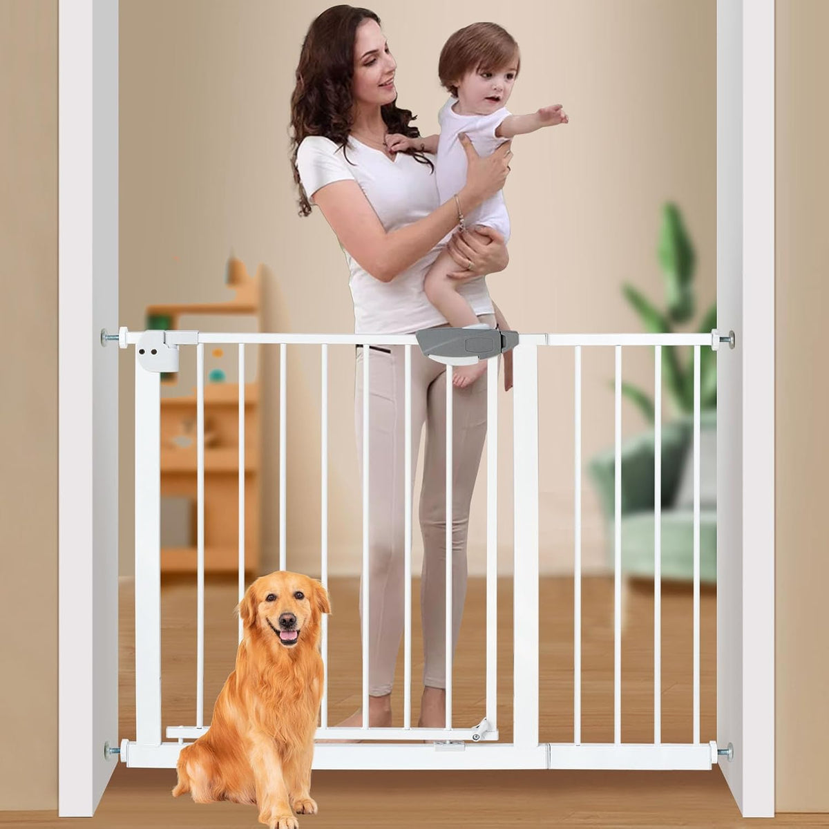 SKY-TOUCH Auto Close Safety Baby Gate, Extra Wide Child Gate 75-84cm + 30cm Extension Kit Minimum 105cm Maximum 114cm, Baby Gates for Stairs & Doorways, Easy Install (Gate + 30cm Extension Kit)