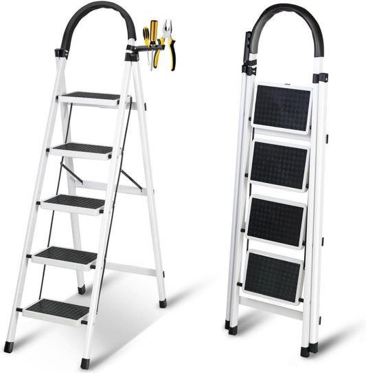 SKY-TOUCH Foldable 5-Step Ladder, Folding Step Stool with Wide Anti-Slip Pedal, Sturdy Steel Ladder for Home, Kitchen, Garden, Office