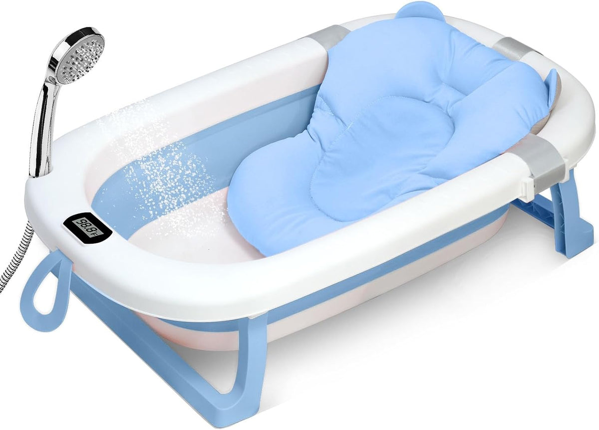 SKY-TOUCH Baby Foldable Bath Tub with Bathmat Cushion & Thermometer, Portable Baby Bathtub with Drain Hole, Shower Basin with Non-Slip Support Leg for Boy Girl (Blue)