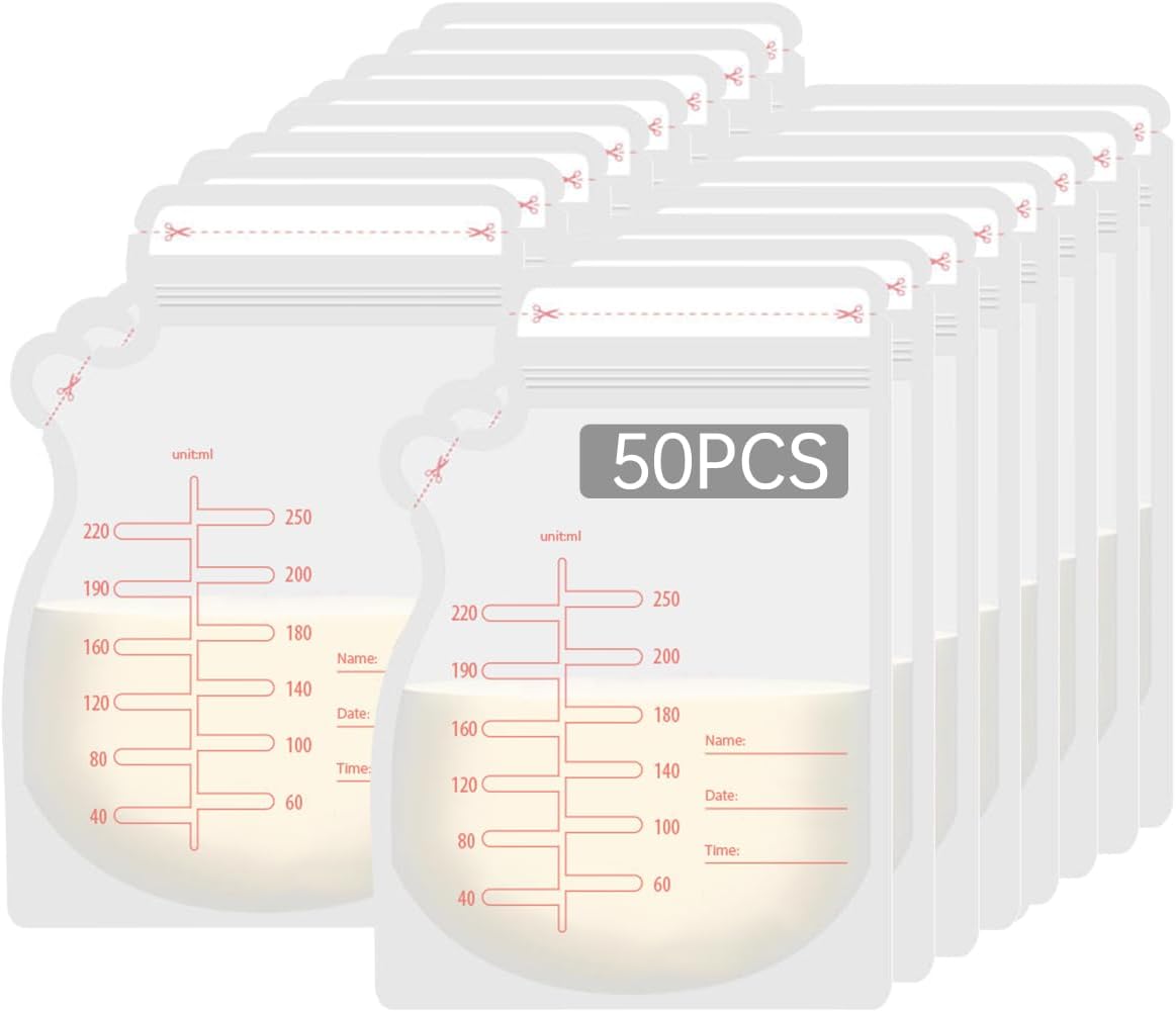 ECVV 50Pcs 250ML Breastmilk Storage Bags for Breastfeeding Doubled Sealed Breast Milk Storing Bags BPA Free Self Standing Breastmilk Bags
