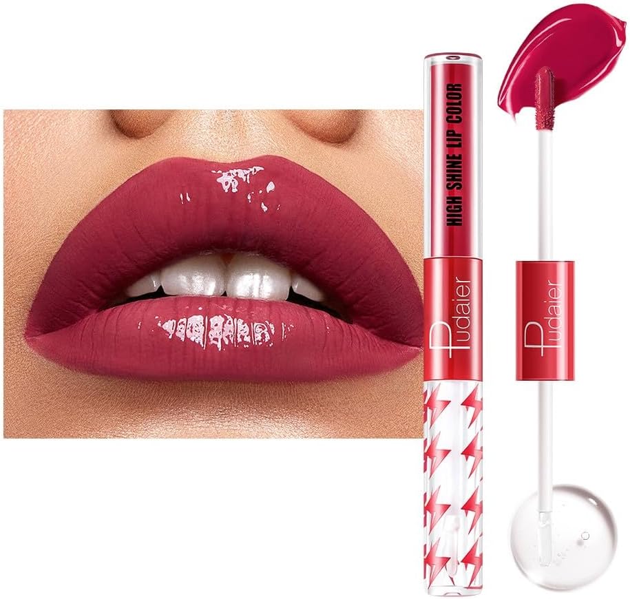 SKY-TOUCH High Shine Lip Gloss with Clear Fixed Color Lip Oil, Up to 12 Hours Long Lasting Dual Ended Liquid Lipstick, Lightweight and Non Sticky, 3ml (16)