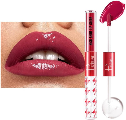 SKY-TOUCH High Shine Lip Gloss with Clear Fixed Color Lip Oil, Up to 12 Hours Long Lasting Dual Ended Liquid Lipstick, Lightweight and Non Sticky, 3ml (16)