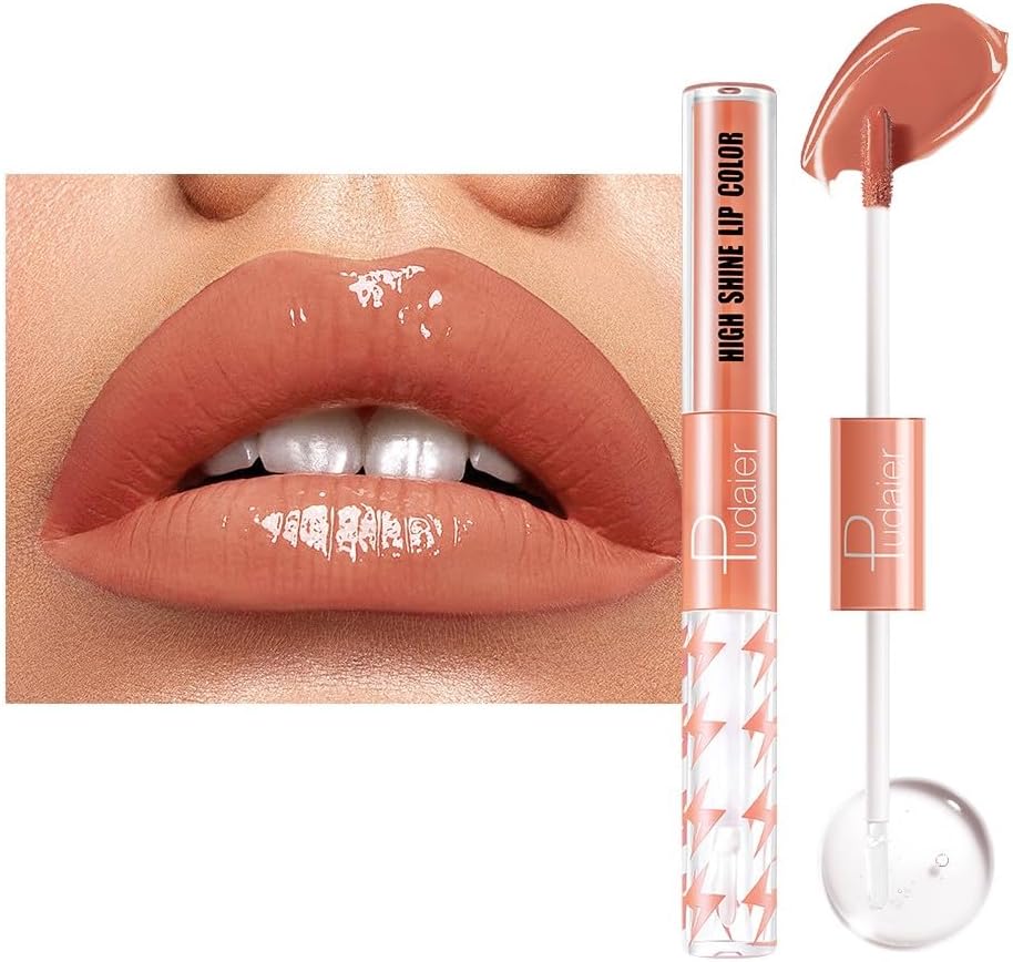 SKY-TOUCH High Shine Lip Gloss with Clear Fixed Color Lip Oil, Up to 12 Hours Long Lasting Dual Ended Liquid Lipstick, Lightweight and Non Sticky, 3ml (01)
