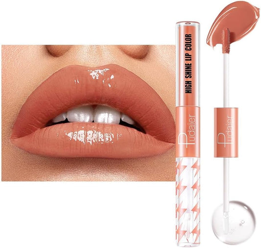 SKY-TOUCH High Shine Lip Gloss with Clear Fixed Color Lip Oil, Up to 12 Hours Long Lasting Dual Ended Liquid Lipstick, Lightweight and Non Sticky, 3ml (01)