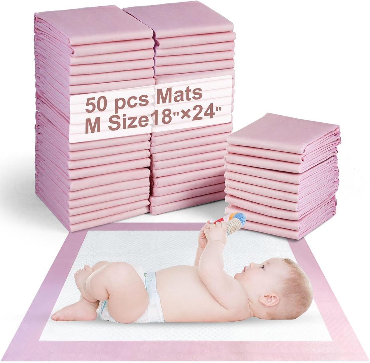 SKY-TOUCH 50 Pieces Baby Disposable Changing Mats,Waterproof Baby Changing Pads, 45x60 cm, Highly Absorbent Leakproof Changing Pad Baby, Ultra soft Diaper Changing Mat Underpads for Baby Pink