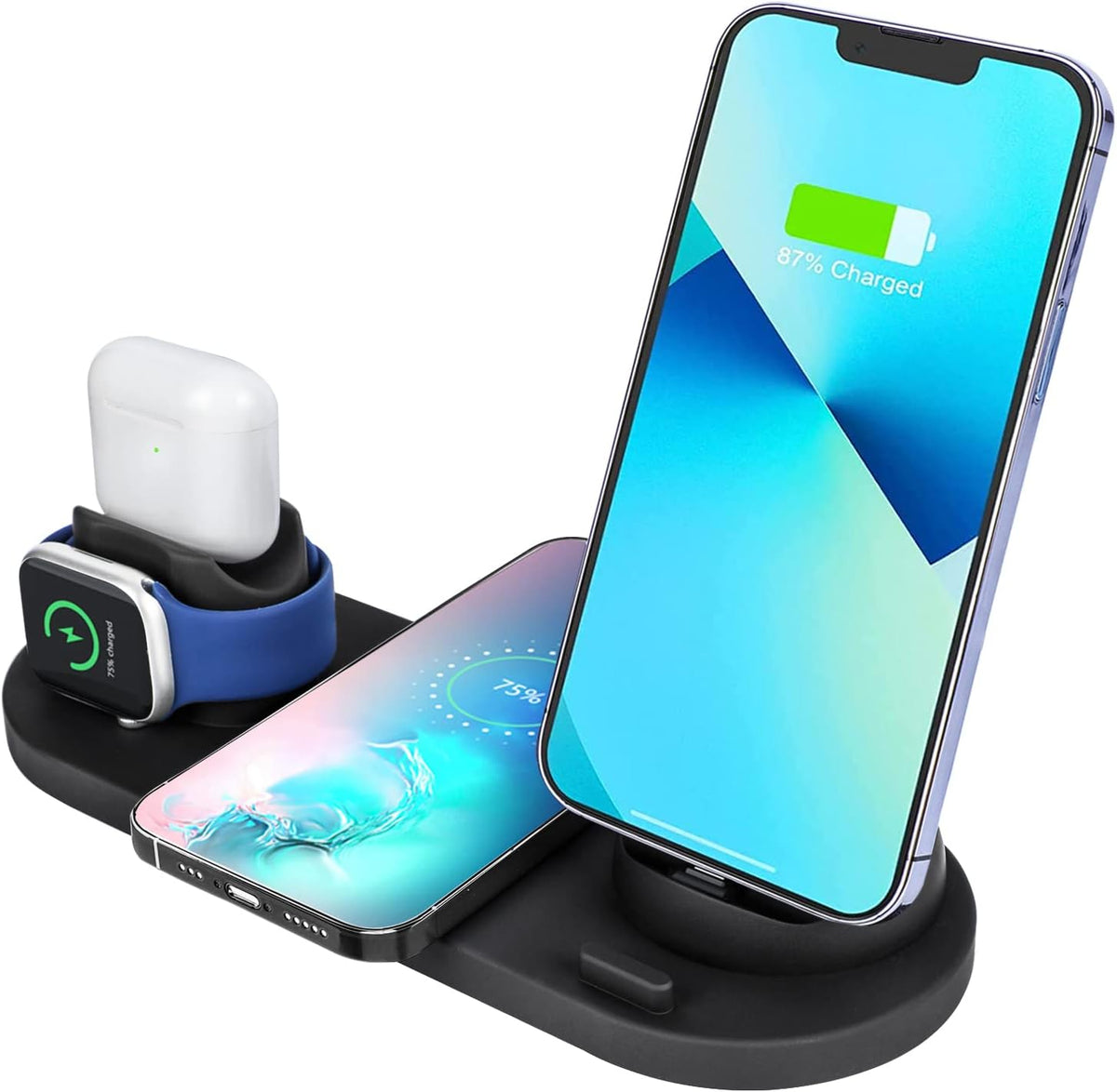 SKY-TOUCH 6-in-1 Wireless Charging Stand, 23x9x2cm, Multi-Function Fast Charger for Phone, Watch, and Earphones, Black