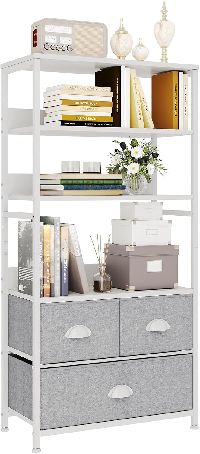 SKY-TOUCH Kitchen Storage and Organization Rack, 3 Fabric Drawers & 4 Tier Shelf Unit for Office, Home, Living Room, 22.9x11.6x56.7 inch - Grey