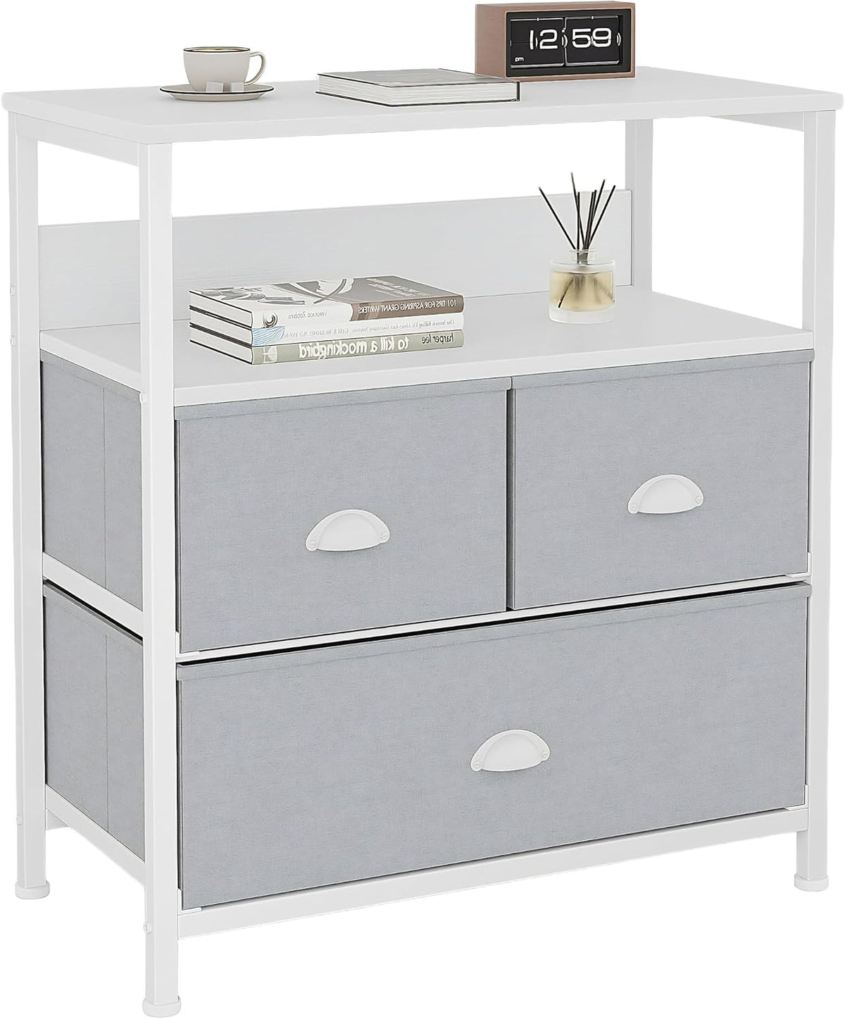 SKY-TOUCH Bedside Nightstand, Drawers Organizer with 3 Fabric Drawer & Shelf Storage, Versatile Usage for Nightstand, Bedroom, Living Room, Grey - 22.8x11.4x24.8 inch