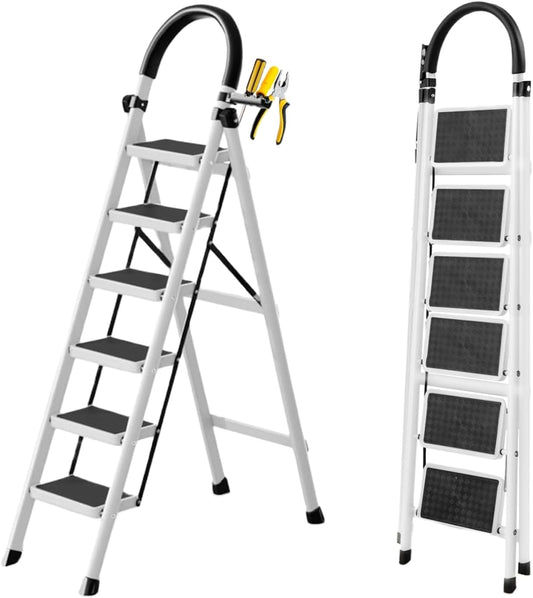 SKY-TOUCH Foldable Ladder 6 Steps, Home Stepladders Folding Step Stool with Wide Anti-Slip Pedal, Adults Folding Sturdy Steel Ladder for Home,Kitchen, Garden, Office