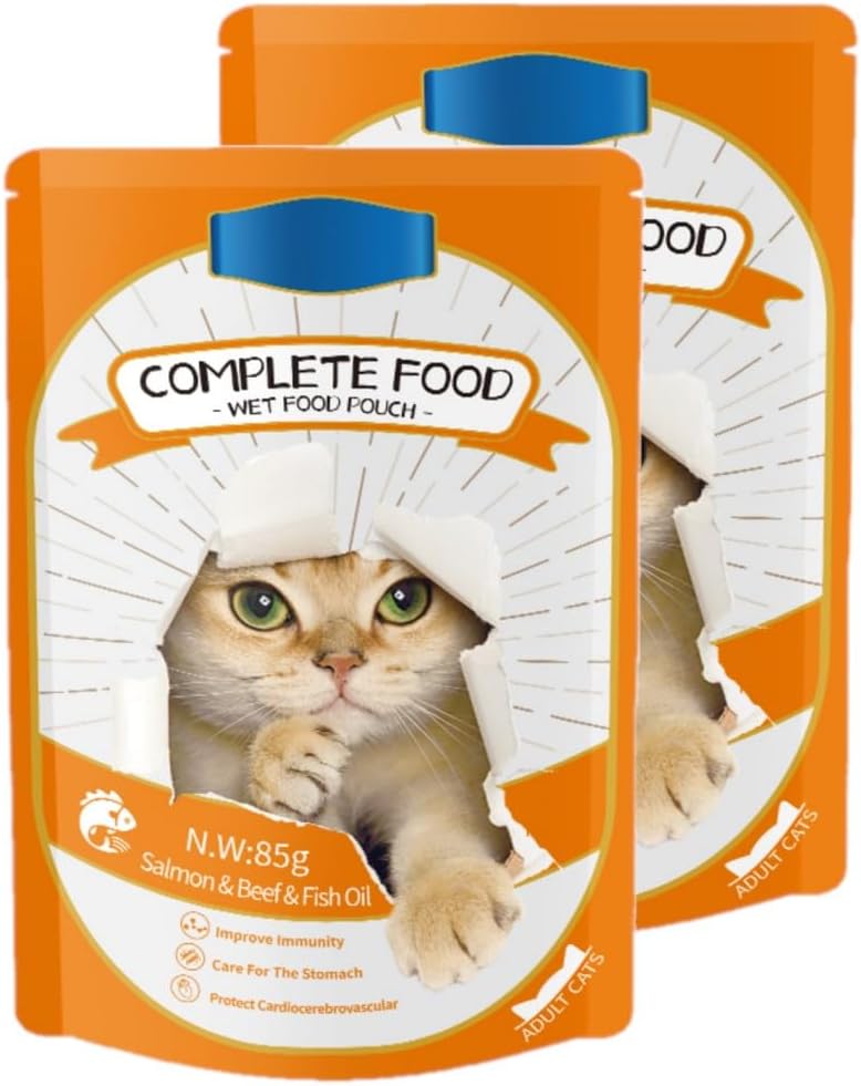 SKY-TOUCH Cat Wet Food 2x85g, Complete Nutrition for Balanced Diet, Grain & Potato Free Formula, Cat Velvet Mousse For All Life Stages, 85g Pouch (2 Pouch Salmon)