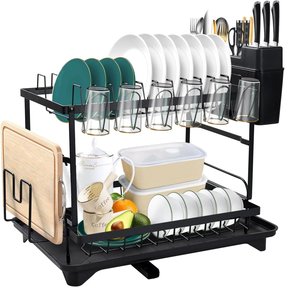 SKY-TOUCH 2 Tier Dish Drying Rack, Dish Drying Stand & Drainer, Saving Space with Swivel Drainage Spout, Utensil Holder, Cup Holder, Cutting-Board Holder and Plate Holder Stand for Kitchen Counter