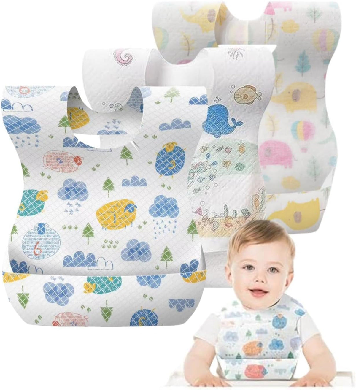 SKY-TOUCH Disposable Baby Bibs 100pcs, Portable Waterproof Bib with Crumb Catcher for Girls and Boys, Individually Packaged Suitable for traveling and outing, Baby Bibs Travel Essential