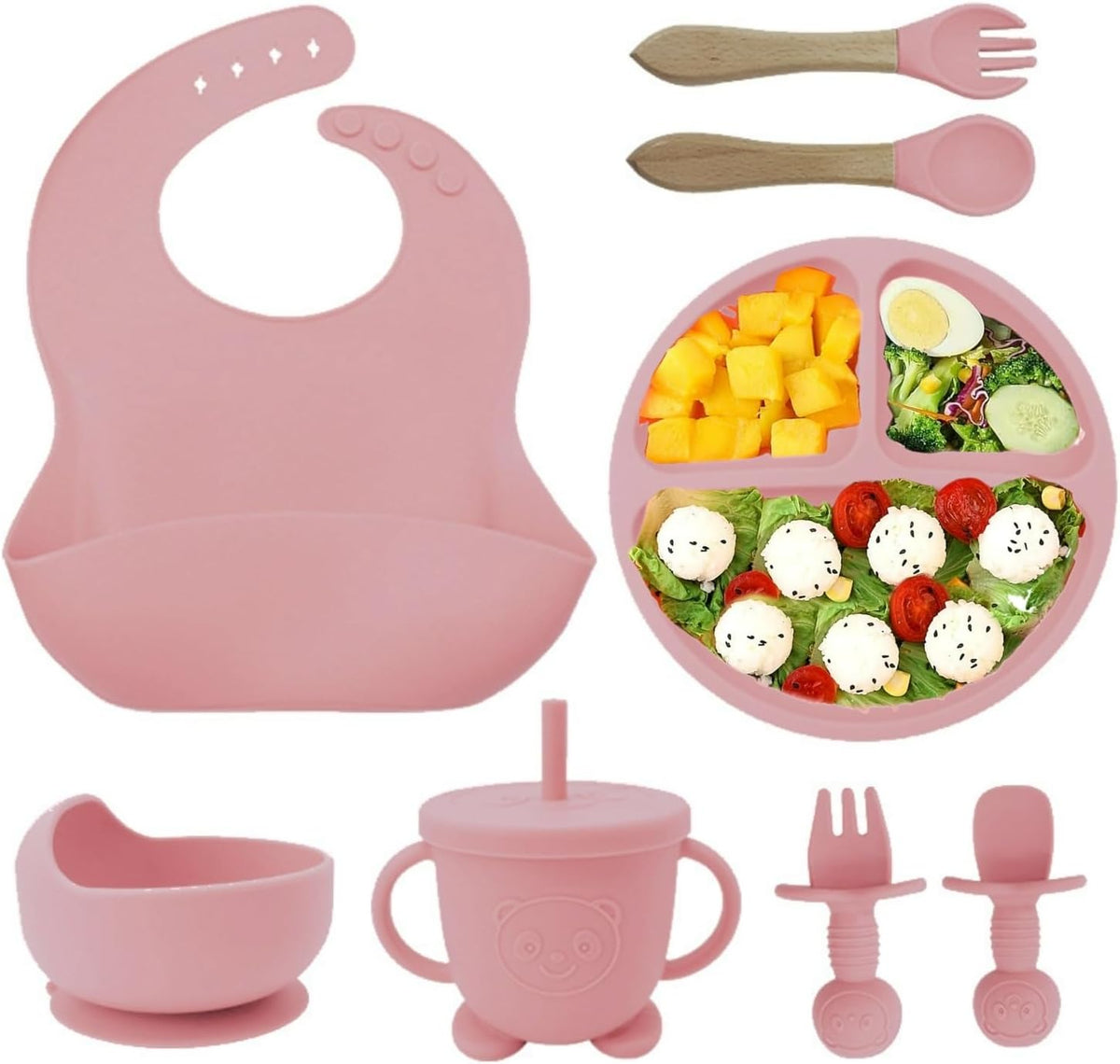 SKY-TOUCH 8 Pcs Silicone Baby Feeding Set, Baby Led Weaning Supplies with Suction Bowl Divided Plate, Self Feeding Spoons Forks Sippy Cup Adjustable Bib (Pink)