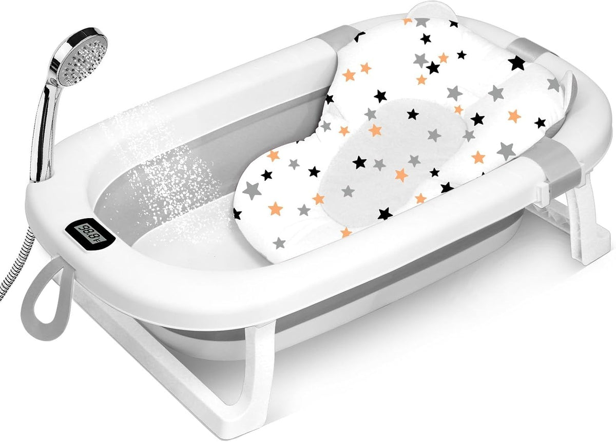 SKY-TOUCH Baby Foldable Bathing Tubs with Soft Bathmat Cushion & Thermometer, NewBorn Babybath Tub with Drain Hole, Non-Slip Support Leg for 0-6 Years Boy Girl (Grey)