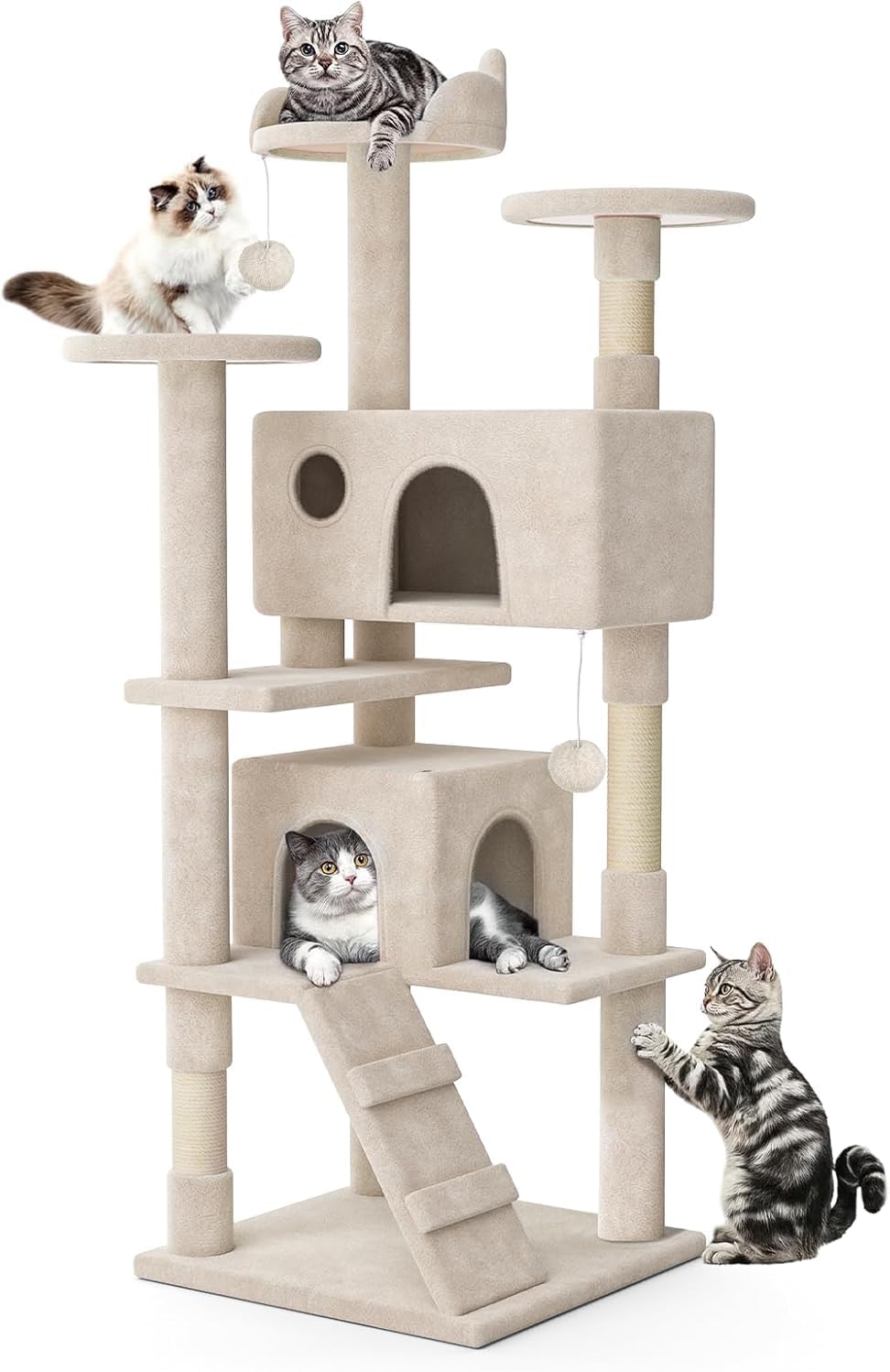 SKY-TOUCH Cat Tree, 130cm Tall Cat Tree Tower, with Scratching Posts, Multi-Level Furniture Activity Center with 2 Cat Condos and Ladder for Kittens, 50x50x130cm, Beige - Install User Manual
