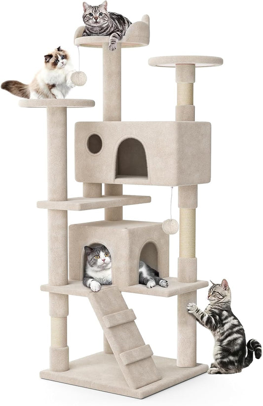 SKY-TOUCH Cat Tree, 130cm Tall Cat Tree Tower, with Scratching Posts, Multi-Level Furniture Activity Center with 2 Cat Condos and Ladder for Kittens, 50x50x130cm, Beige - Install User Manual