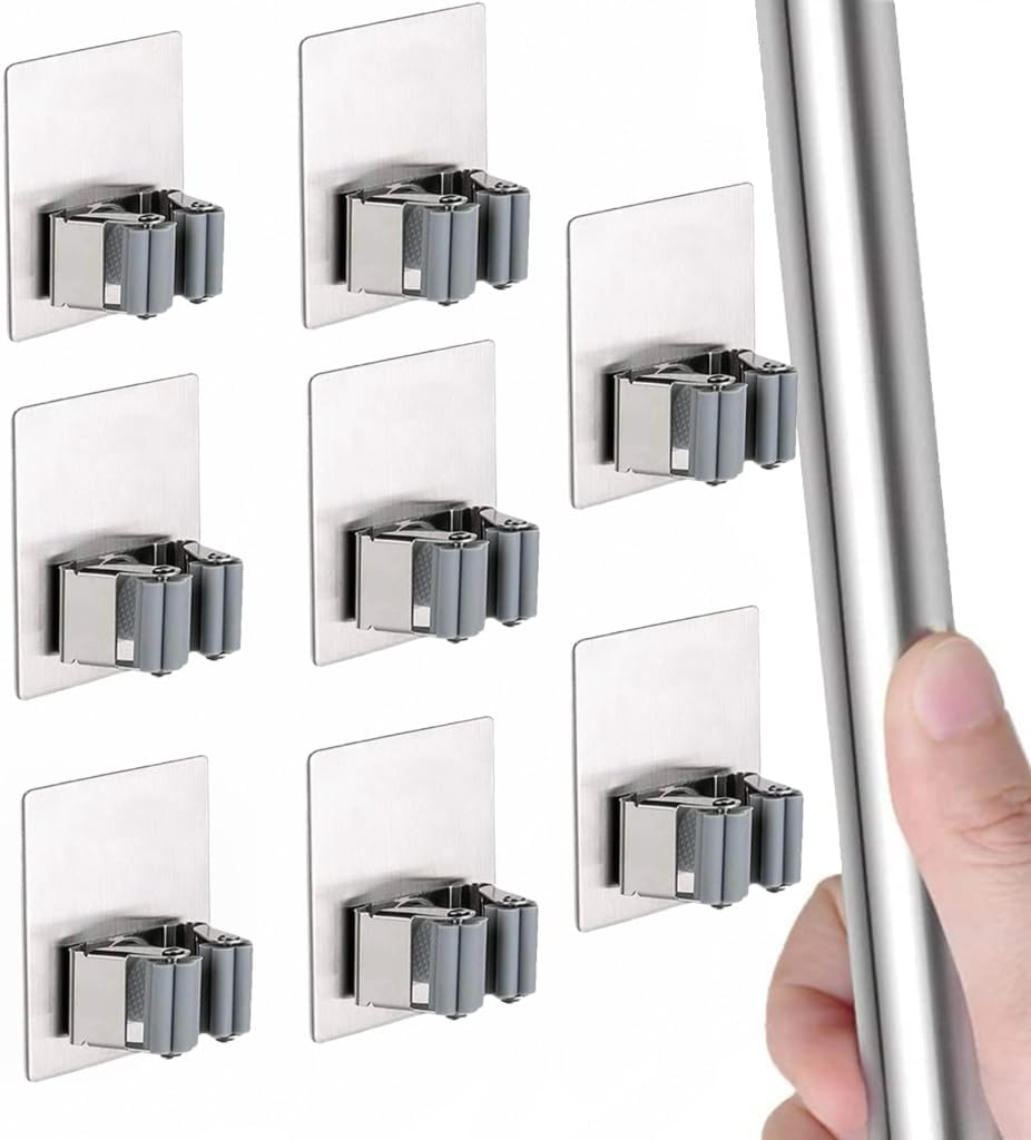 SKY-TOUCH 8 Pack Mop And Broom Holder,Self Adhesive No Drilling for Home, Kitchen, Garage Storage - Stainless Steel,Waterproof - Allow the glue to cure for 48 hours before use,Stronger adhesion