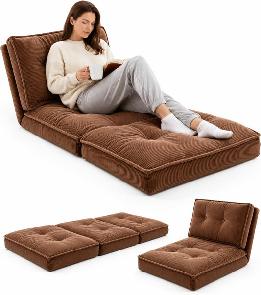 SKY-TOUCH 3 in 1 Folding Floor Sofa Bed with Velvet Look, Padded Sofa Bed up to 240 kg Load Capacity for Bedroom, Living Room, Coffee Brown, 55x89x12CM