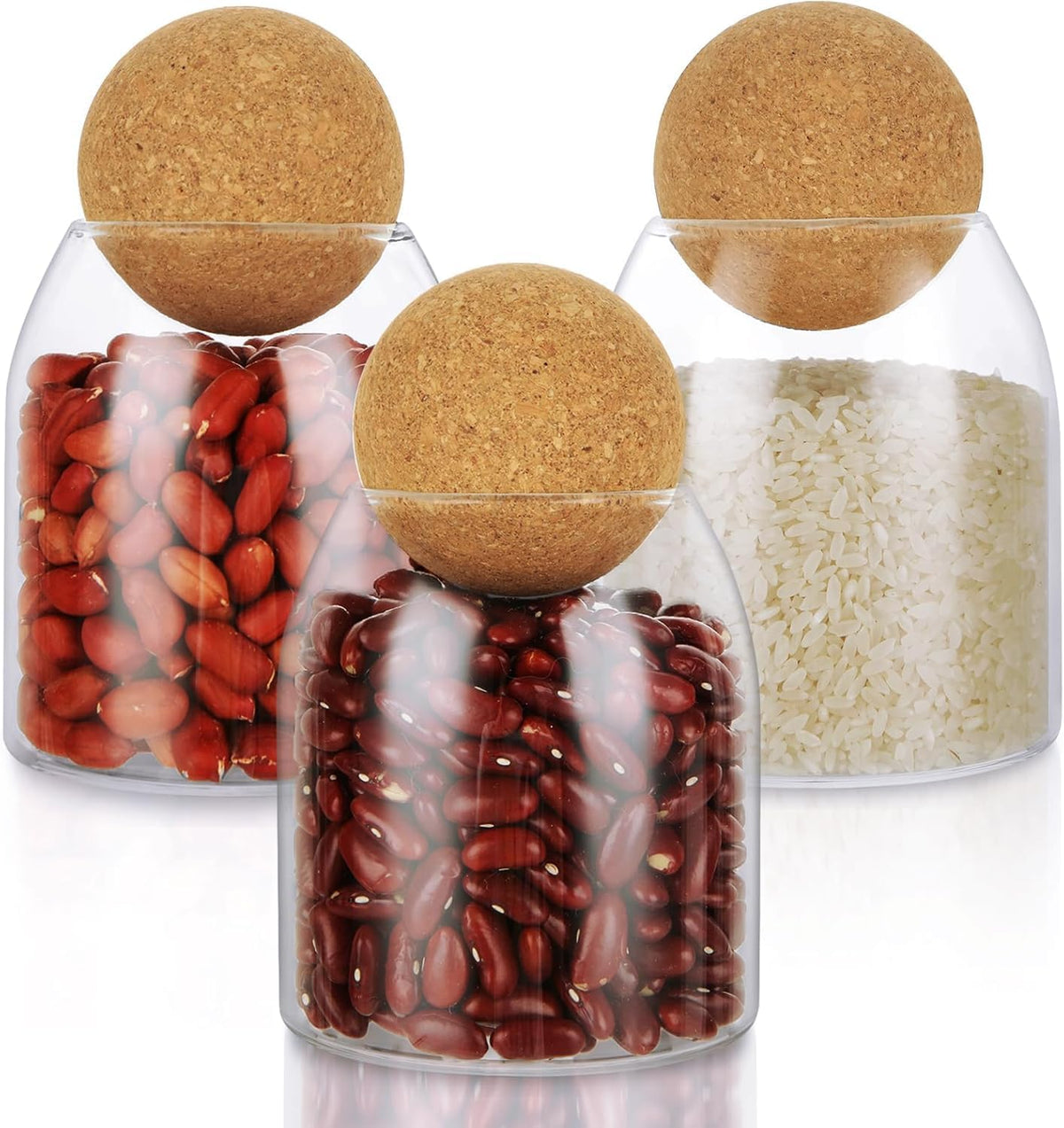SKY-TOUCH 3-Pack 500ML Glass Storage Jars with Ball Cork Lid – Airtight Sealed Canister for Food, Spices, Coffee, Tea, and More – Decorative Glass Organizer with Wooden Lid