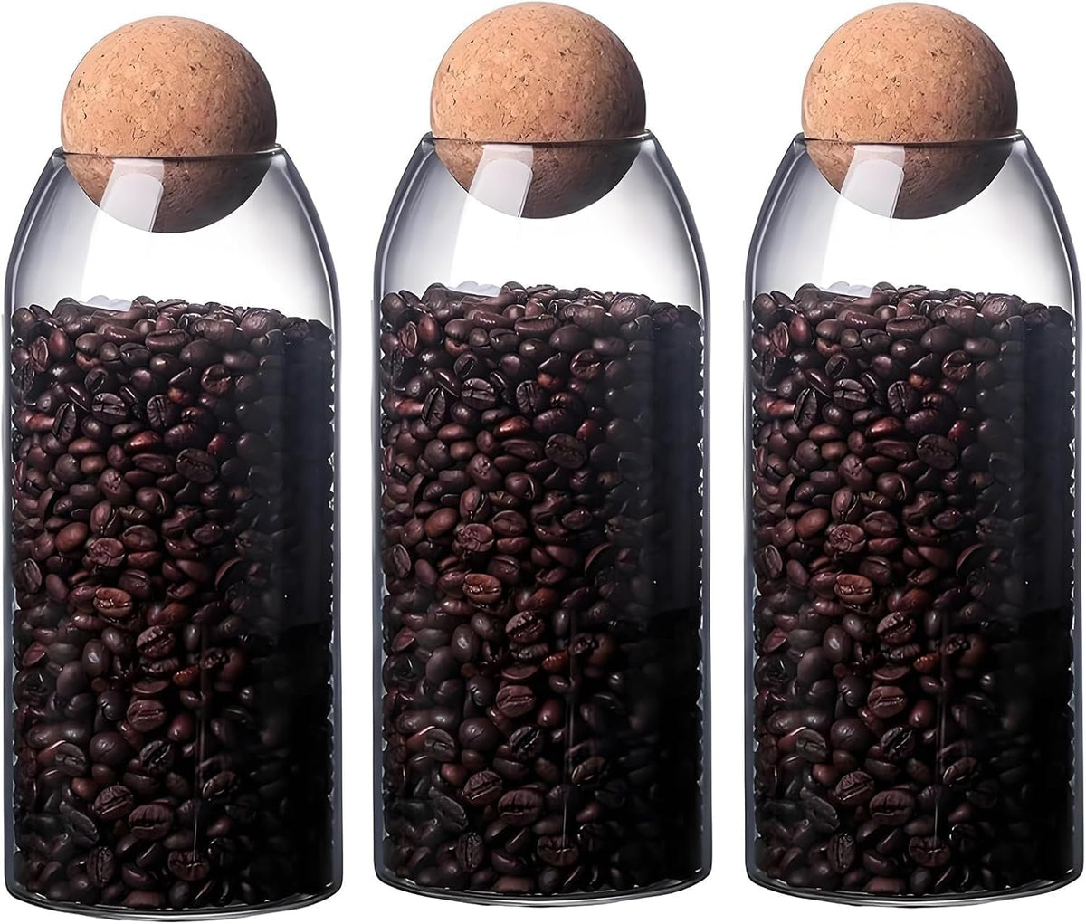 SKY-TOUCH 3-Pack 1200ML Glass Storage Jars with Ball Cork Lid – Airtight Sealed Canister for Food, Spices, Coffee, Tea, and More – Decorative Glass Organizer with Wooden Lid