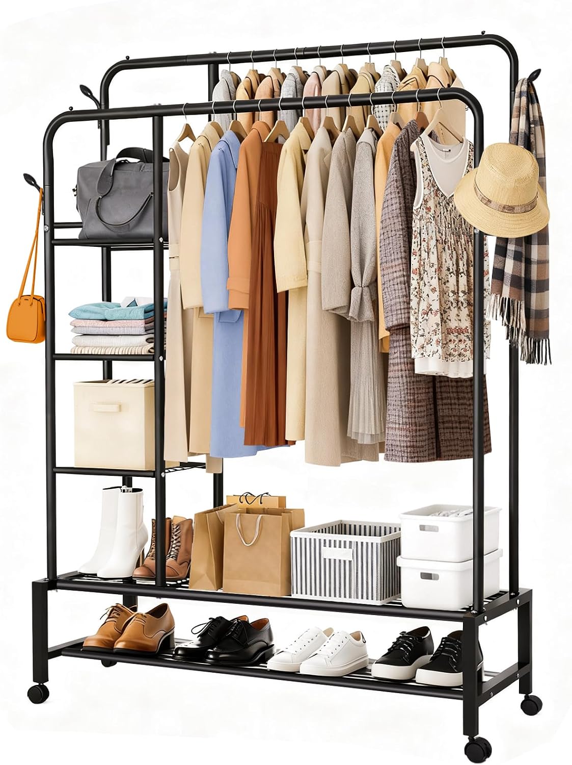 SKY-TOUCH Heavy Duty Rolling Clothing Rack, Double Rail Garment Wardrobe with 4 Storage Shelves, Shoe Rack & 4 Coat Hooks, Movable Pulley Wheels for Bedroom, Living Room, Black, 113x40x166cm