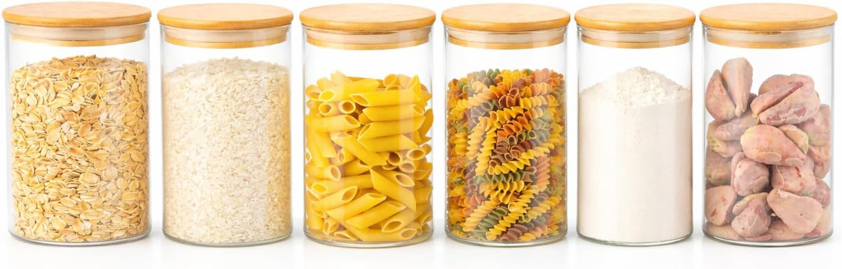 SKY-TOUCH 6PCS Glass Storage Jars, Spice Jars with Airtight Bamboo Lid, Suitable for Flour, Grains, Sugar, Tea, Coffee Beans, and Snacks, 1300ML - 10x10x20cm
