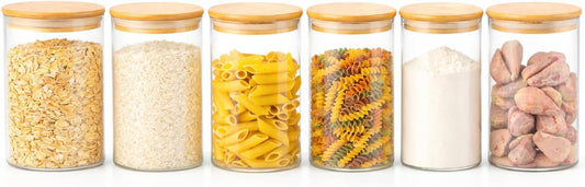 SKY-TOUCH 6PCS Glass Storage Jars, Spice Jars with Airtight Bamboo Lid, Suitable for Flour, Grains, Sugar, Tea, Coffee Beans, and Snacks, 1300ML - 10x10x20cm