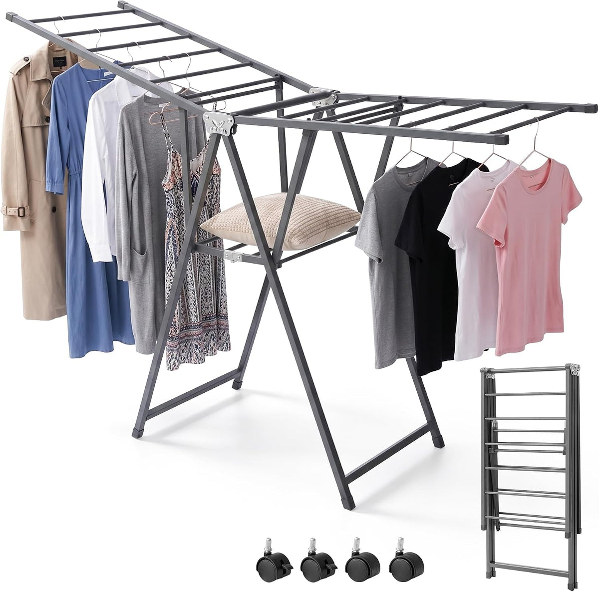 SKY-TOUCH Foldable Clothes Drying Rack, 2-Level Laundry Drying Rack, Free-Standing Large Drying Rack, with Height Adjustable Wings, Indoor & Outdoor Use, Gray - 106x46x10.5