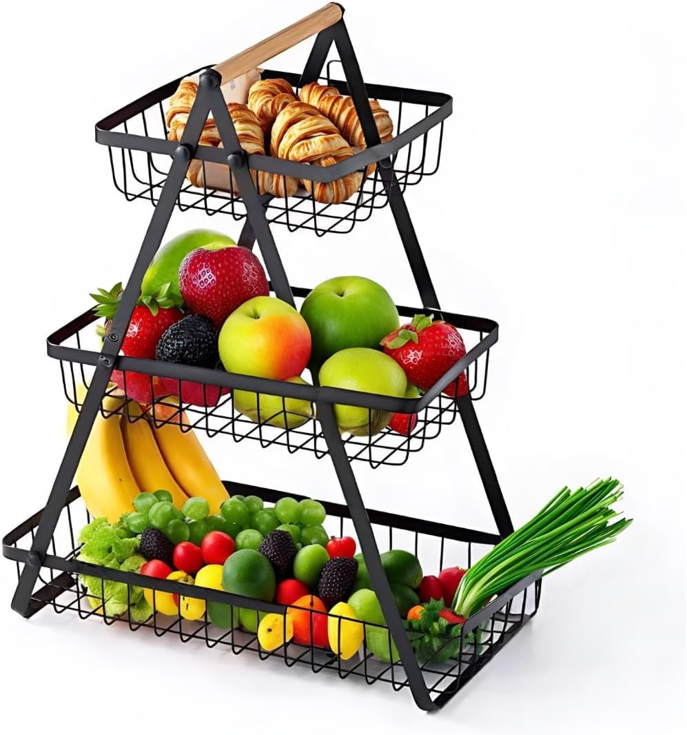 SKY-TOUCH 3-Tier Fruit Basket with Wooden Handle, Detachable Metal Fruit Bowl Holder Vegetable Storage Rack, Countertop Holder for Kitchen, Home, Office - Organize Fruits, Veggies, Snacks, Bread