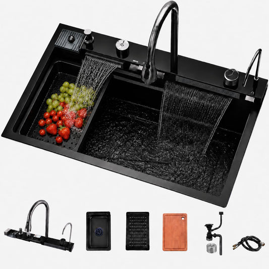 SKY-TOUCH 75 x 45 cm Single Bowl Waterfall Kitchen Sink, Stainless Steel Workstation Sink with Pull-Out Faucet, Cup Washer, Drain Basket, Cutting Board and Drain Kit