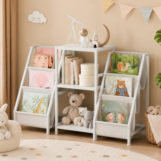 SKY-TOUCH 3-Tier Kids Bookshelf, Toy Organizer, Record Player Stand,with Display Shelves, Storage Table, Metal Frame and Adjustable Feet, 122 x 30 x 69 cm, White